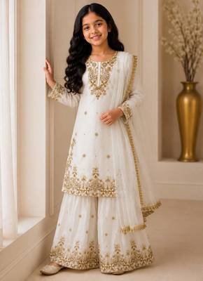 White fendi silk rich embroidery with sequence work dress set for girls kids 2