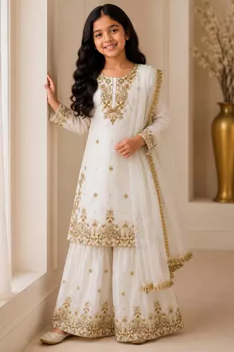 White fendi silk rich embroidery with sequence work dress set for girls kids