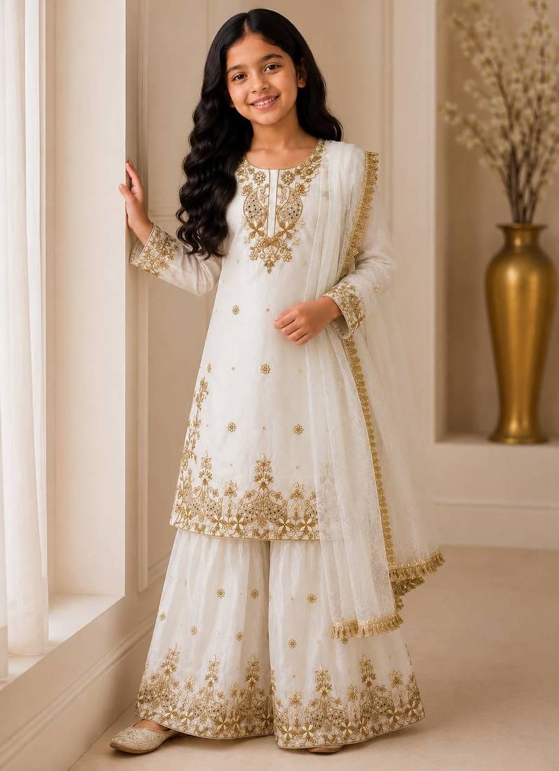 White fendi silk rich embroidery with sequence work dress set for girls kids