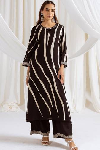 Women Striped Printed Beads and Stones Kurta with Palazzos