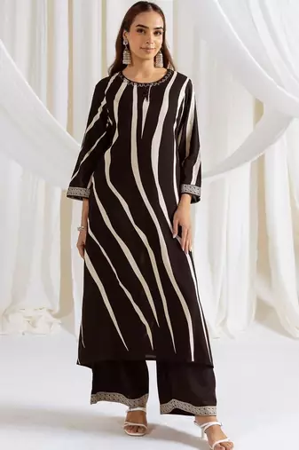 Women Striped Printed Beads and Stones Kurta with Palazzos