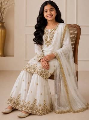 White fendi silk rich embroidery with sequence work dress set for girls kids 3