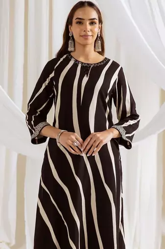 Women Striped Printed Beads and Stones Kurta with Palazzos