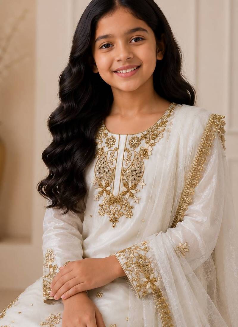 White fendi silk rich embroidery with sequence work dress set for girls kids