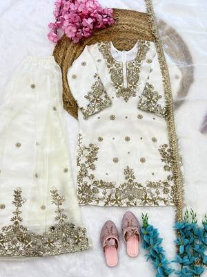 White fendi silk rich embroidery with sequence work dress set for girls kids 5