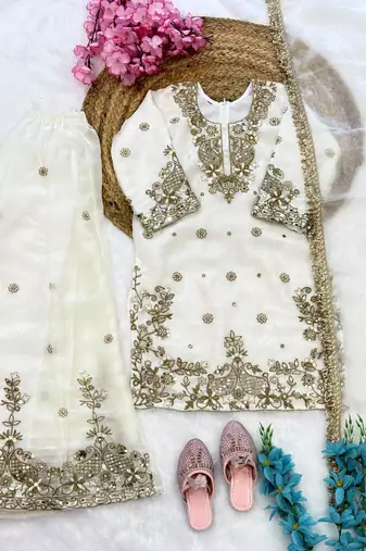 White fendi silk rich embroidery with sequence work dress set for girls kids