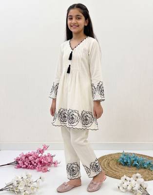 White soft rayon floral thread embroidery pattern work dress set for girls kids 1