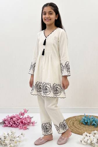 White soft rayon floral thread embroidery pattern work dress set for girls kids