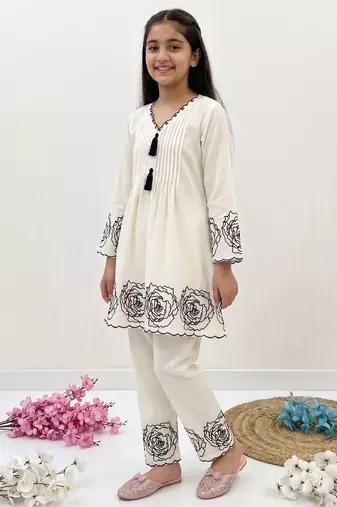 White soft rayon floral thread embroidery pattern work dress set for girls kids