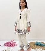 White soft rayon floral thread embroidery pattern work dress set for girls kids