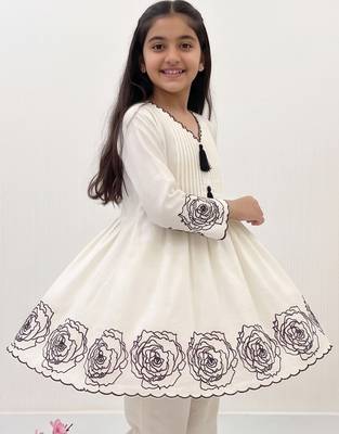 White soft rayon floral thread embroidery pattern work dress set for girls kids 2