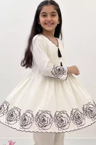 White soft rayon floral thread embroidery pattern work dress set for girls kids