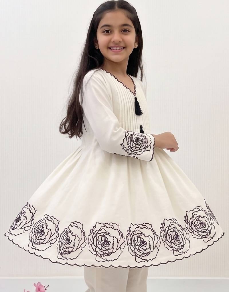 White soft rayon floral thread embroidery pattern work dress set for girls kids