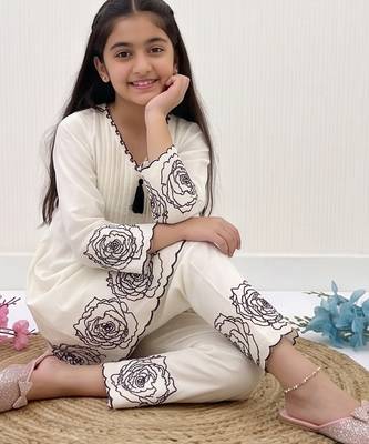 White soft rayon floral thread embroidery pattern work dress set for girls kids 3