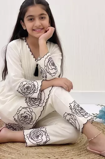 White soft rayon floral thread embroidery pattern work dress set for girls kids