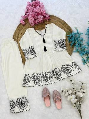 White soft rayon floral thread embroidery pattern work dress set for girls kids 5