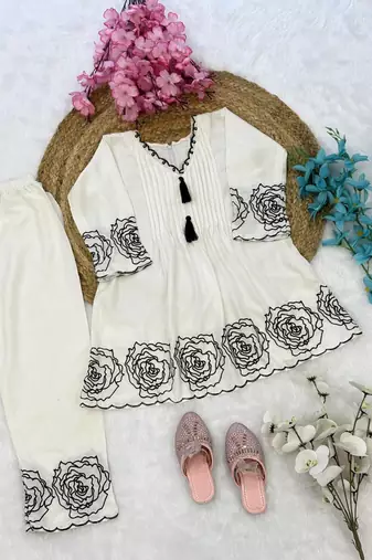 White soft rayon floral thread embroidery pattern work dress set for girls kids