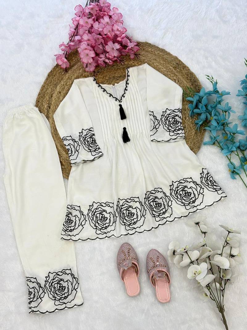 White soft rayon floral thread embroidery pattern work dress set for girls kids