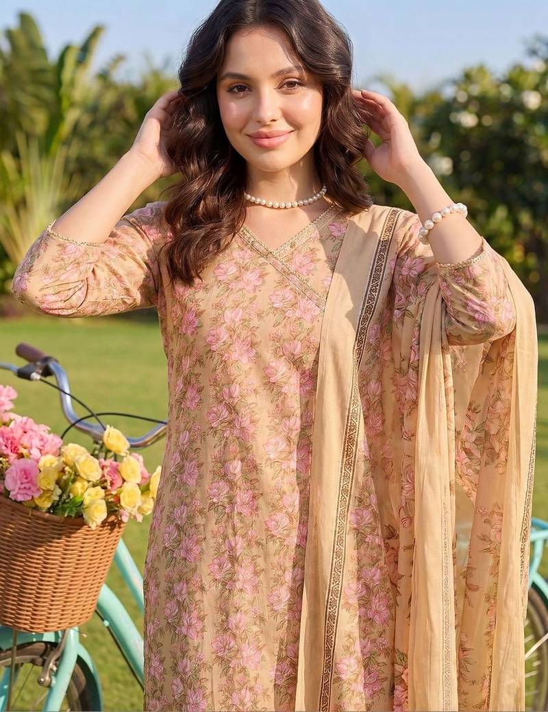 Women Floral Printed Regular Pure Cotton Kurta with Trousers & With Dupatta