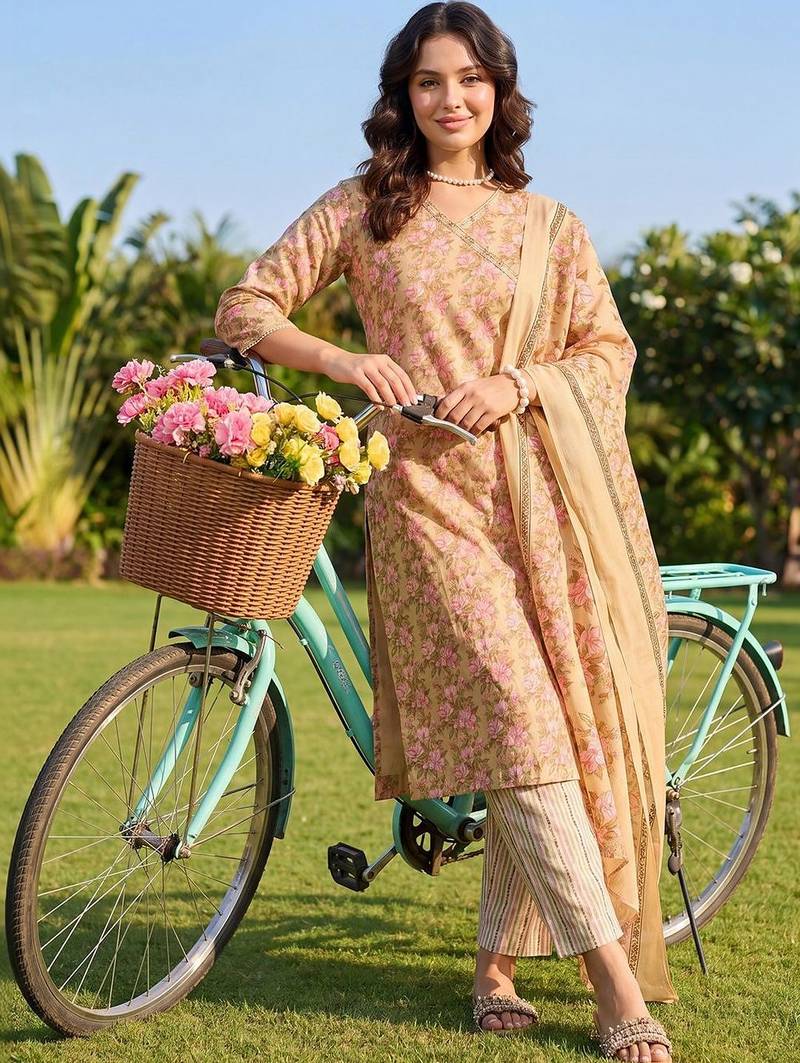 Women Floral Printed Regular Pure Cotton Kurta with Trousers & With Dupatta