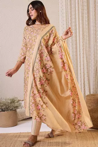 Women Floral Printed Angrakha Pure Cotton Kurta with Trousers & With Dupatta
