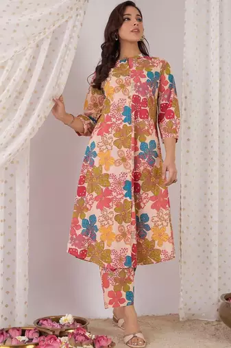 Women Floral Printed Regular Pure Cotton Kurta with Trousers