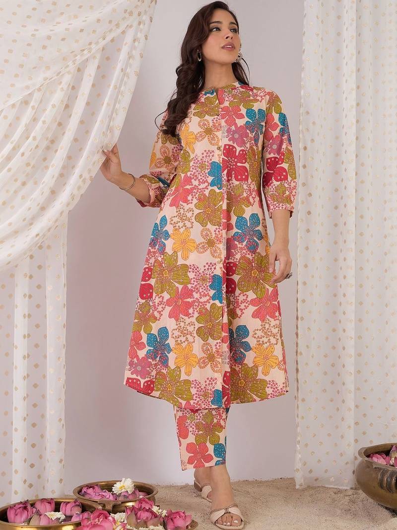 Women Floral Printed Regular Pure Cotton Kurta with Trousers