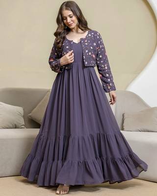 Purple georgette embroidery work anarkali flared kurti with jacket for women's 1