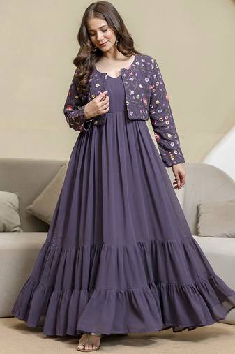 Purple georgette embroidery work anarkali flared kurti with jacket for women's