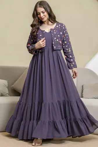 Purple georgette embroidery work anarkali flared kurti with jacket for women's