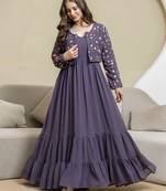Purple georgette embroidery work anarkali flared kurti with jacket for women's