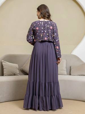 Purple georgette embroidery work anarkali flared kurti with jacket for women's 2