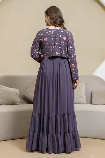 Purple georgette embroidery work anarkali flared kurti with jacket for women's