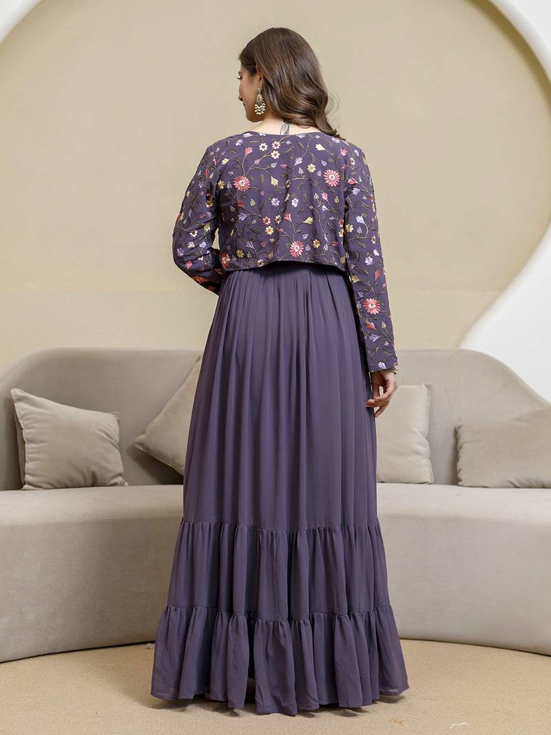 Purple georgette embroidery work anarkali flared kurti with jacket for women's