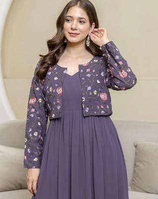 Purple georgette embroidery work anarkali flared kurti with jacket for women's 4