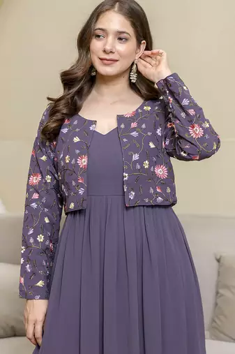 Purple georgette embroidery work anarkali flared kurti with jacket for women's