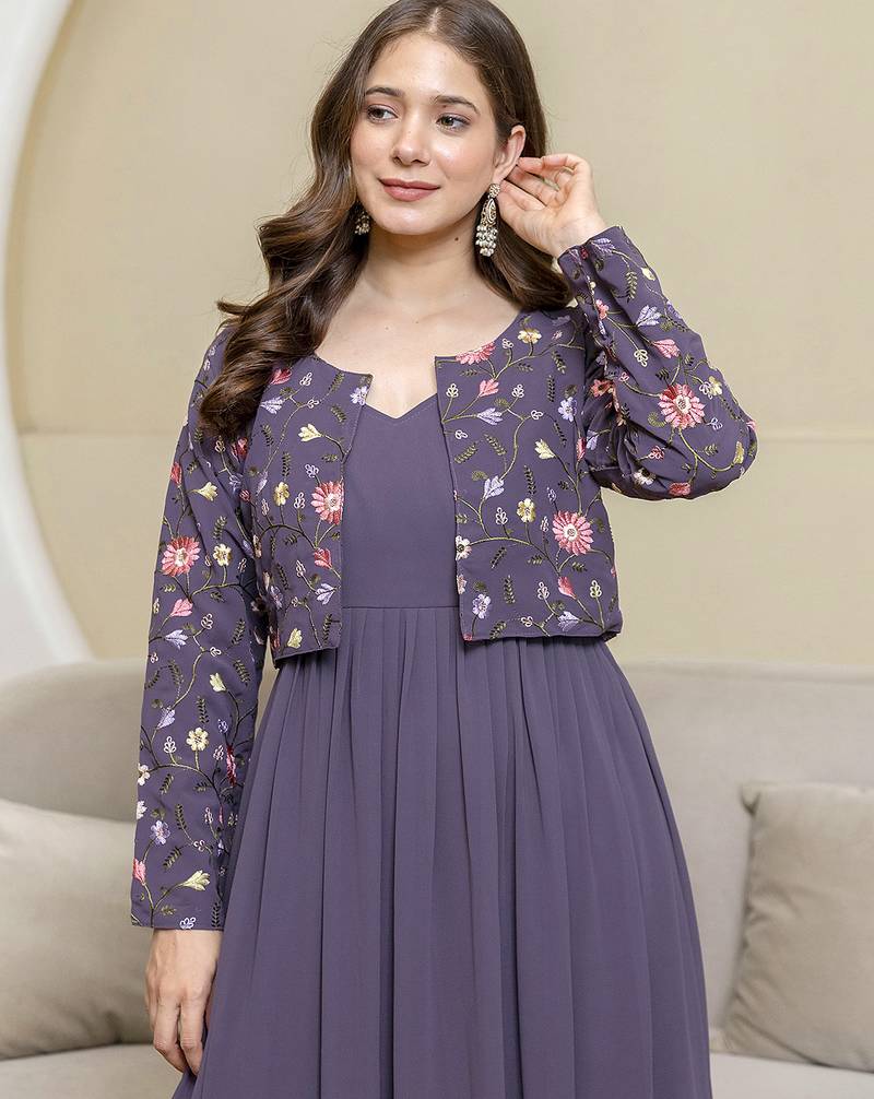 Purple georgette embroidery work anarkali flared kurti with jacket for women's