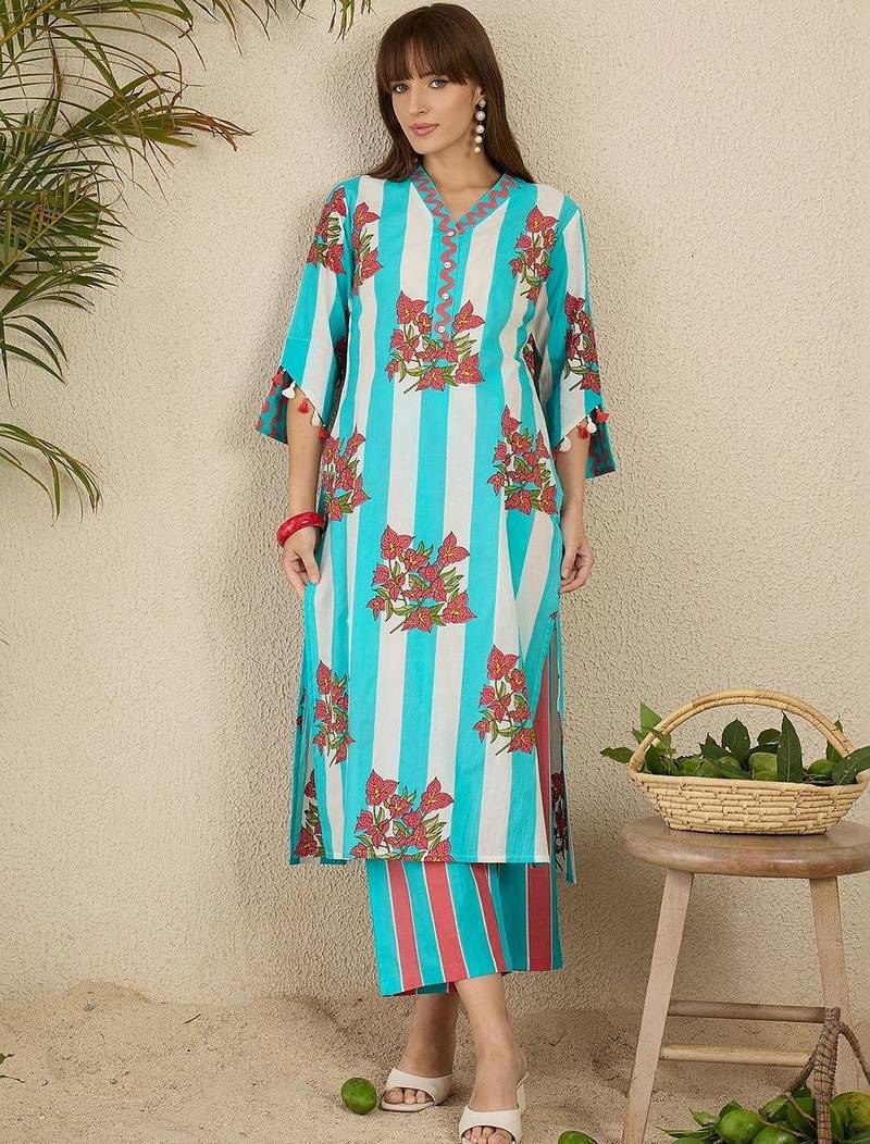 Women Floral Printed Regular Pure Cotton Kurta with Trousers