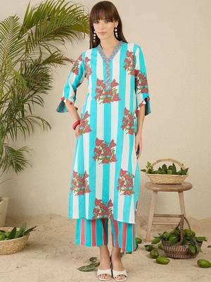 Women Floral Printed Regular Pure Cotton Kurta with Trousers 5