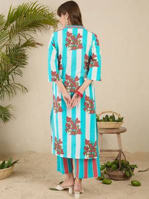 Women Floral Printed Regular Pure Cotton Kurta with Trousers 7