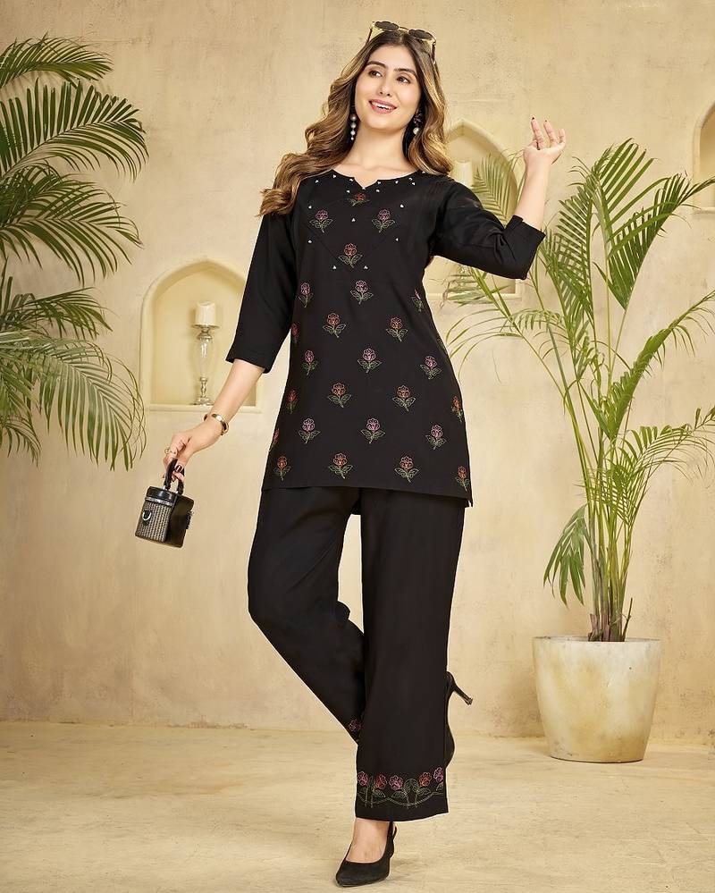 Trendy black floral embroidered ethnic co-ord set for women