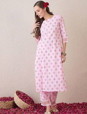 Floral Printed Round Neck Pure Cotton Straight Kurta With Trouser 1