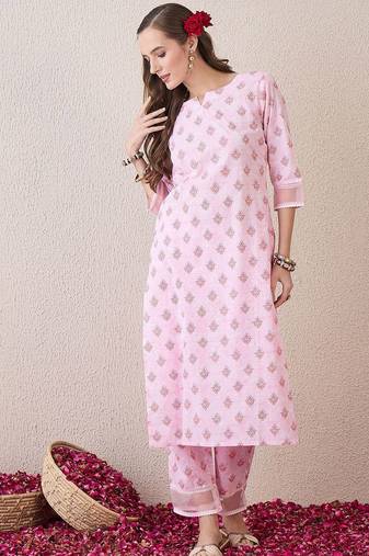 Floral Printed Round Neck Pure Cotton Straight Kurta With Trouser