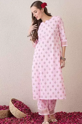 Floral Printed Round Neck Pure Cotton Straight Kurta With Trouser