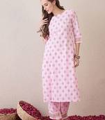 Floral Printed Round Neck Pure Cotton Straight Kurta With Trouser