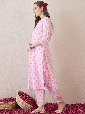 Floral Printed Round Neck Pure Cotton Straight Kurta With Trouser 3