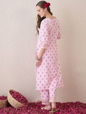 Floral Printed Round Neck Pure Cotton Straight Kurta With Trouser 4