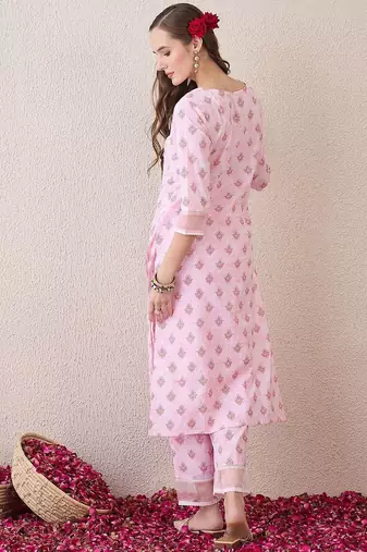 Floral Printed Round Neck Pure Cotton Straight Kurta With Trouser