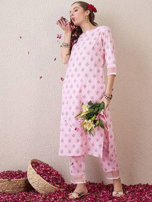 Floral Printed Round Neck Pure Cotton Straight Kurta With Trouser 5