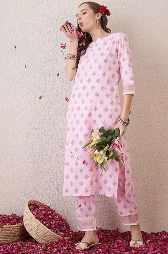 Floral Printed Round Neck Pure Cotton Straight Kurta With Trouser